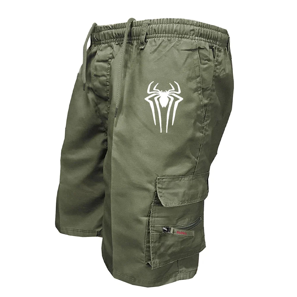 Men's Spider Print Cargo Shorts Male Outdoor Overalls Elastic Waist Cycling Shorts Multi-pockets Loose Work Beach Sports Shorts