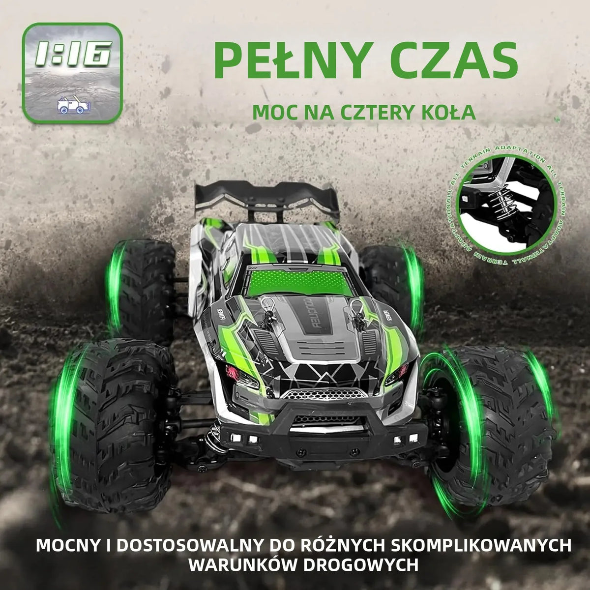 "1:16 4WD RC Car (50km/h): LED Lights, Off-road High-Speed Drift. For Boys & Off-road Fans. Monster Truck Toy – Christmas & New