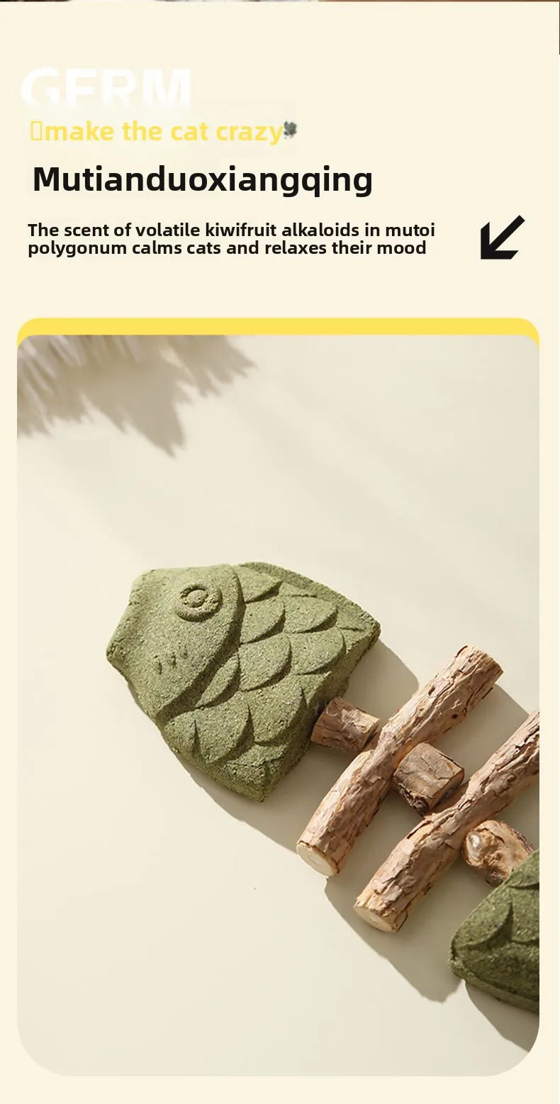 Cat Toy Fish Bone Shape Silvervine Stick Natural Wooden Chew Toy for Kitten Teething Interactive Play