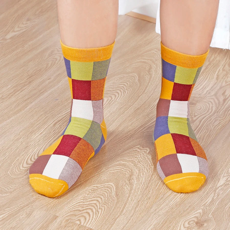 5 Pairs Combed Cotton Men's Socks Outdoor Party Compression Socks Fashion Colorful Square And Stripe Happy Dress Socks Men