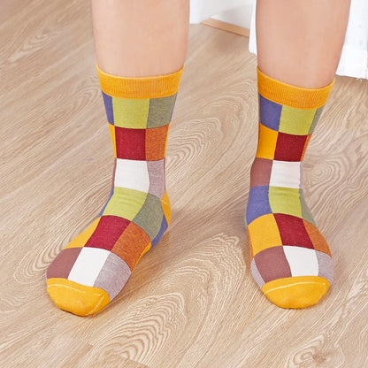 5 Pairs Combed Cotton Men's Socks Outdoor Party Compression Socks Fashion Colorful Square And Stripe Happy Dress Socks Men