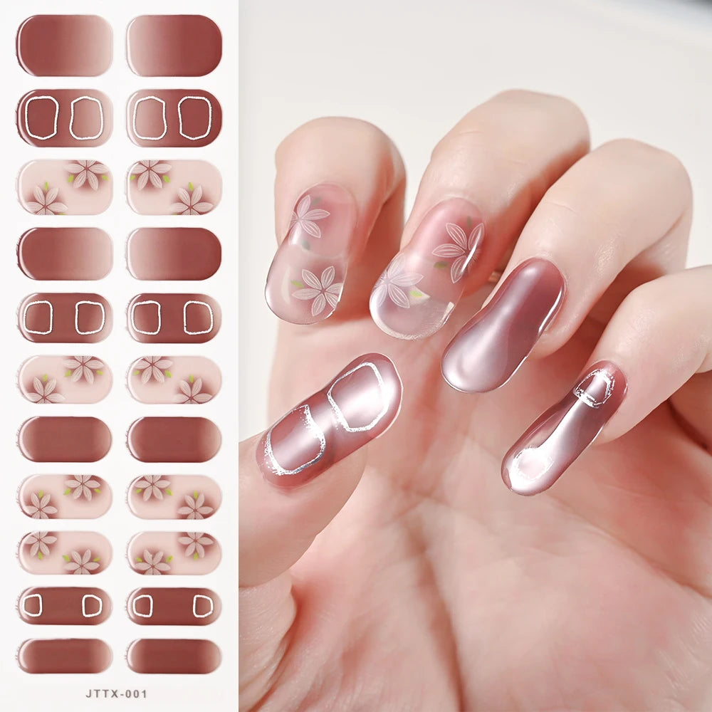 1Sheet Cured Gel Nail Strips Sticker Long-Lasting Nail Polish Strips Wraps Full Cover Gel Nail Art Stickers UV/LED Lamp Required