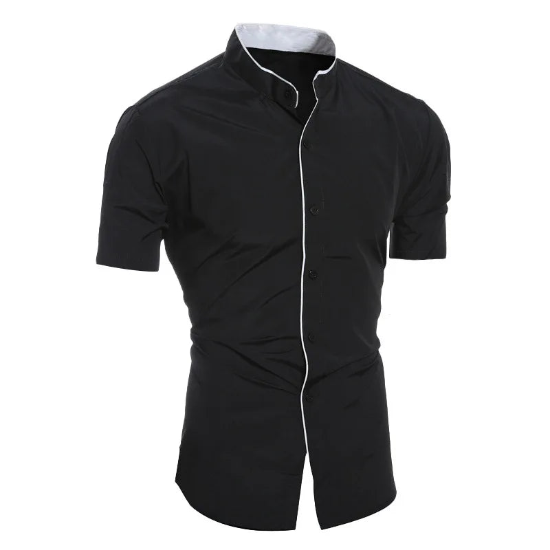 Summer Men's Stand Collar Solid Color Block Short Sleeve Casual Fashion Single Breasted Contrast Shirt
