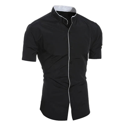 Summer Men's Stand Collar Solid Color Block Short Sleeve Casual Fashion Single Breasted Contrast Shirt