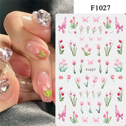 Black and White Love Flowers Line Art 3D Stickers Nail Decals Nail Art Accessories Butterfly Rose Nail Stickers Nail Sliders