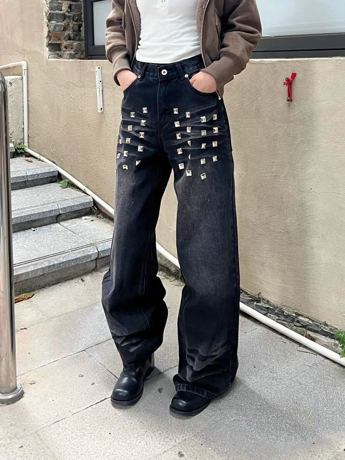 American Retro Washed Rivet Wide Leg Jeans Women Autumn and Winter New Loose Casual Slim Straight Pants