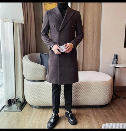 Autumn Winter Vintage Men's Woolen Long Coat Fashion Lapel High Quality Double Breasted Formal Men Slim Fit WindBreaker Overcoat
