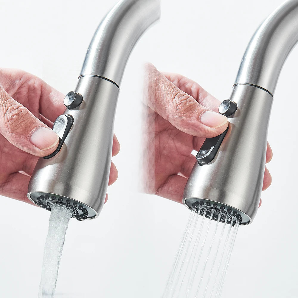 Kitchen Faucets Brushed Nickel Pull Out Kitchen Sink Water Tap Deck Mounted Mixer Stream Sprayer Head Hot Cold Taps Sliver