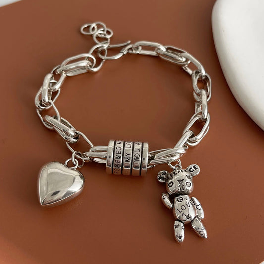100% Solid 925 Sterling Silver Retro Bracelet for Women Men Vintage Handmade Heart Bracelet Birthday Gift