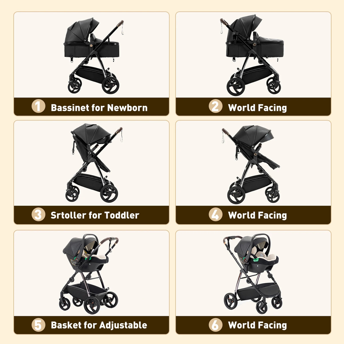 Baby stroller 3 in 1 Baby carriage Portable luxurious travel pram High landscape newborn baby stroller with baby carrier PU