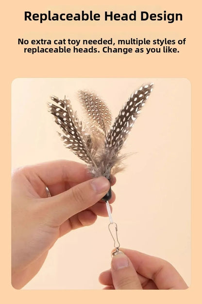 Wooden Handle Spring Teasing Cat Stick Feather Simulation Fishing Rod Cat Teaser Stick Interactive Replaceable Bell Squeaky Cat