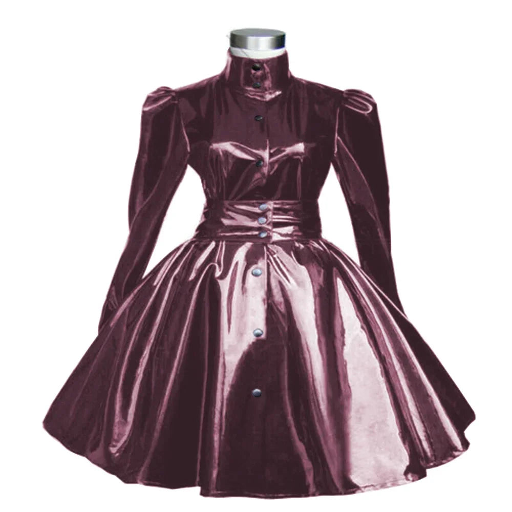 Plus Size Sweet Girl Mini Dress PVC Leather High Neck Button Pleated  A-line Dress Preppy Style Back Zipper Long Sleeve Dress