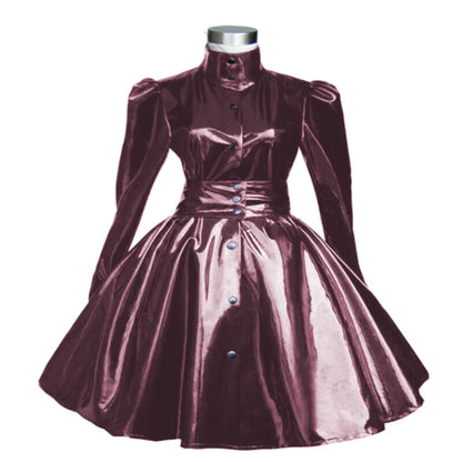 Plus Size Sweet Girl Mini Dress PVC Leather High Neck Button Pleated  A-line Dress Preppy Style Back Zipper Long Sleeve Dress