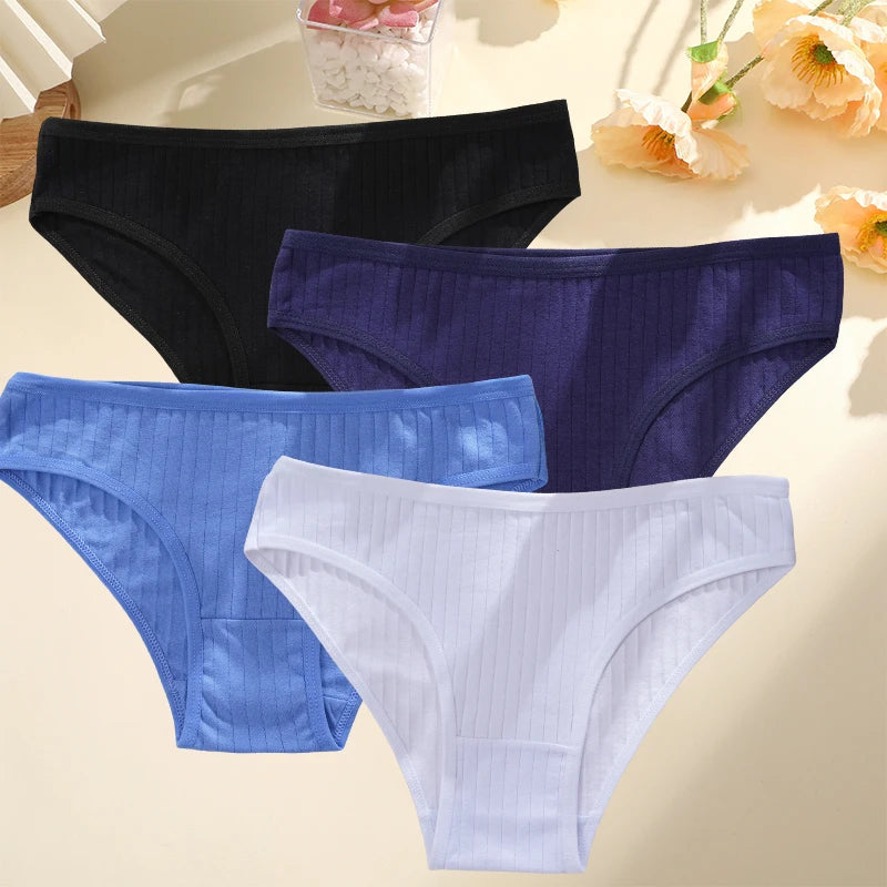 4PCS/SET Women's Cotton Panties Sexy Soft Striped Underpants 12 Solid Color Briefs Female Comfortable Stretch Lingerie M-XL