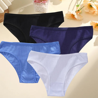 4PCS/SET Women's Cotton Panties Sexy Soft Striped Underpants 12 Solid Color Briefs Female Comfortable Stretch Lingerie M-XL
