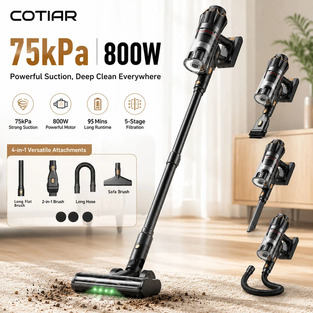 COTIAR Cordless Vacuum Cleaner V30 PRO 800W Powerful 75kPa Suction 95 Mins Runtime Handheld Home Appliance Portable Removable Battery