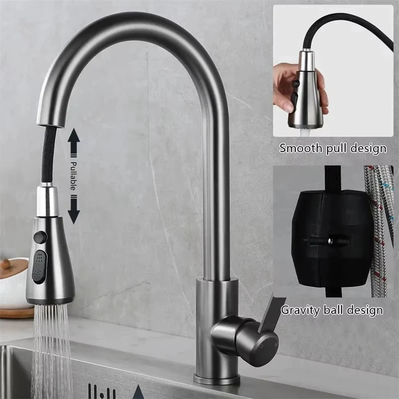 304 Stainless Steel Pull out Kitchen Faucet Deck Mounted Sink Water Tap with Mixer Stream Sprayer Head Hot Cold Taps for Kitchen