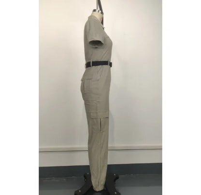 Fashion Women's Jumpsuit New Sexy Zipper Workwear Short Sleeved Lapel Multi Pocket Waistband Bodysuit Pants Female 2024 Summer