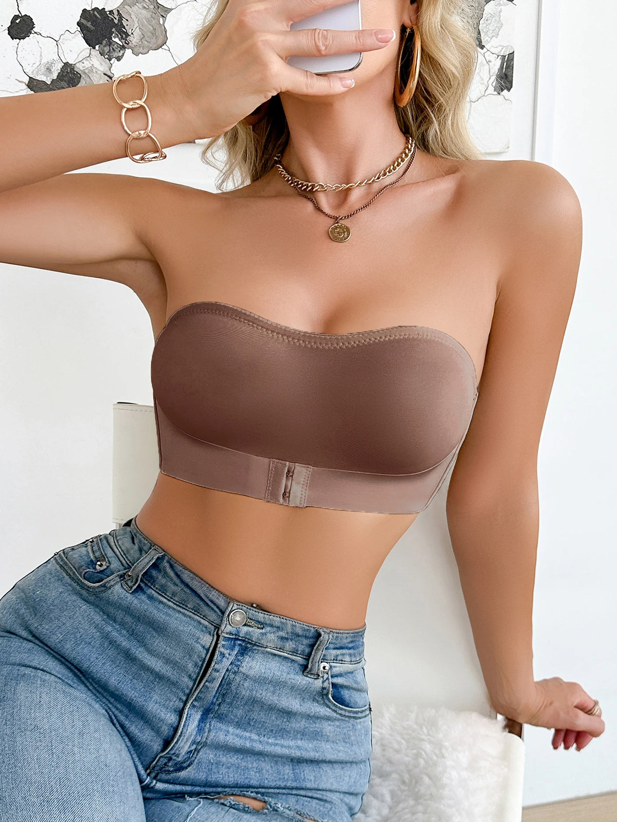 Summer Solid Color Strapless Wireless Women's Bra Bralette Front-Clasp Push up Bra Comfort Unpadded Bras