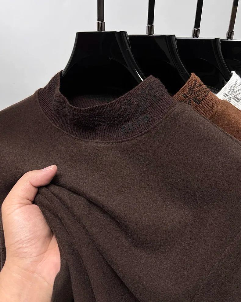 High quality men's semi high neck velvet sweater long sleeved warm T-shirt autumn winter fashionable embroidery casual pullover