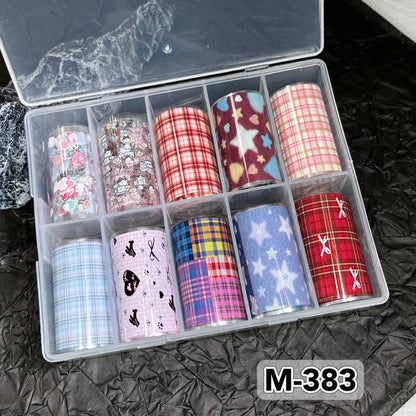 10 Rolls New Design Fresh Nail Foils for Transfer Paper Sticker Plaid Sliders Denim Nails Wraps DIY Bowknot Nail Art Decorations