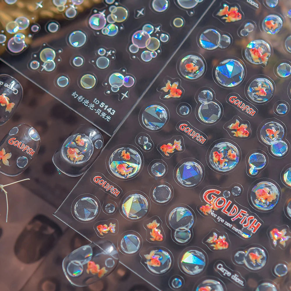 Colorful Water Bubble 5D Nail Art Stickers Goldfish Koi carp Dreamy Polarized Dreamlike Self Adhesive Delicate Manicure Decals