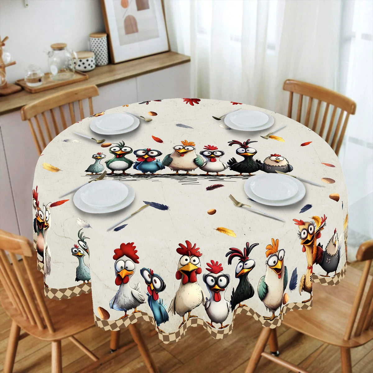 Cute Crazy Chicken Polyester Tablecloth, Featuring Various Adorable Chicken Patterns in Different Colors, Colorful Feathers, Egg Prints, Embossed Edges, Waterproof, Wrinkle-Resistant, Fade-Resistant, Suitable for Rectangular