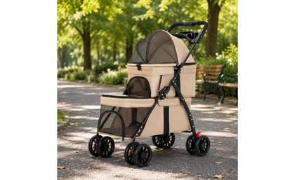 Double-Deck Pet Stroller Lockable Wheels Small Dog Feline Stroller Pet Transport Storage Pockets Removable Liner for Outdoor