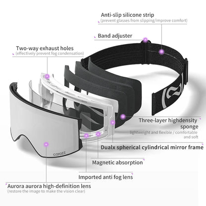 COPOZZ Magnetic Ski Goggles UV400 Protection Anti-Fog Ski Glasses Men Women Quick-Change Lens Snowboard Goggles with Two Options