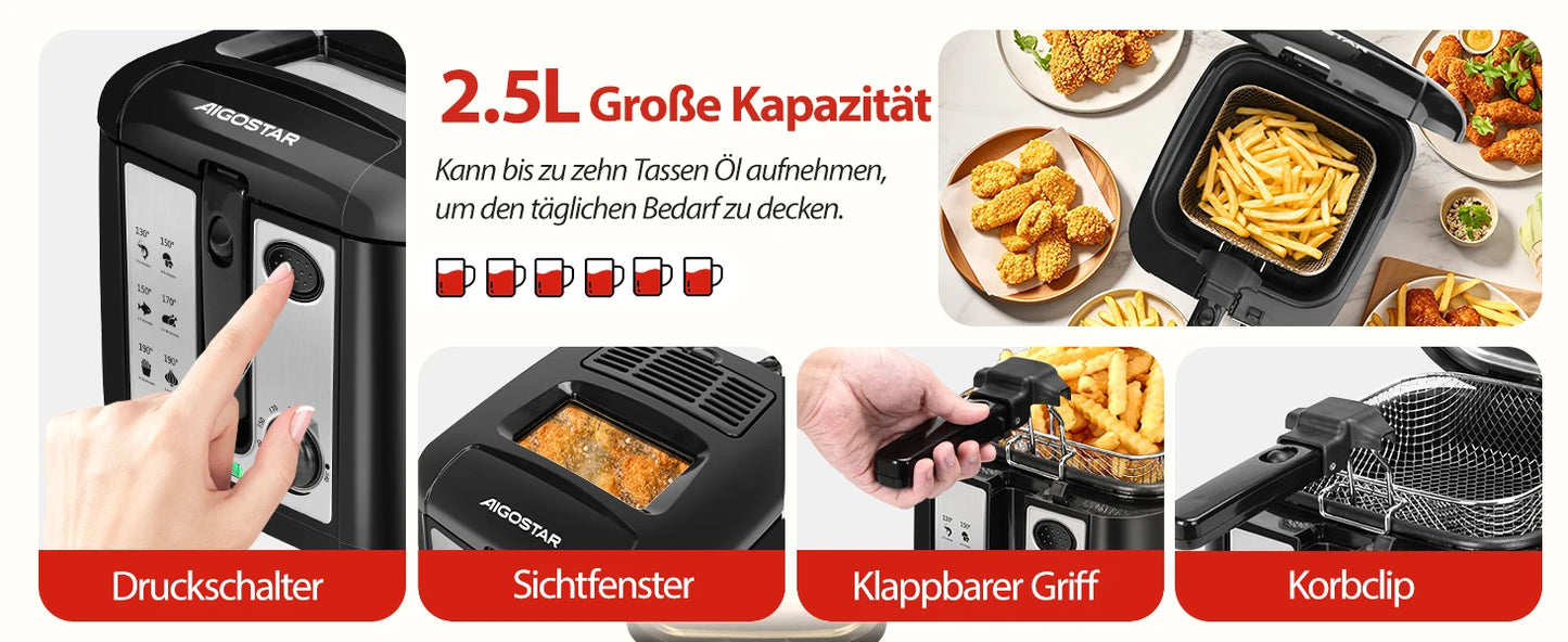 Aigostar Deep fryer with 2.5 l capacity, 1650 W, BPA-free deep fryer with viewing window, temperature control and display, black