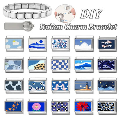 Fashion Blue NO.8 Ball Panda Elephant Cat Flower Italian Charms Fit 9mm Stainless Steel Women Fashion Bracelet DIY Jewelry Gifts