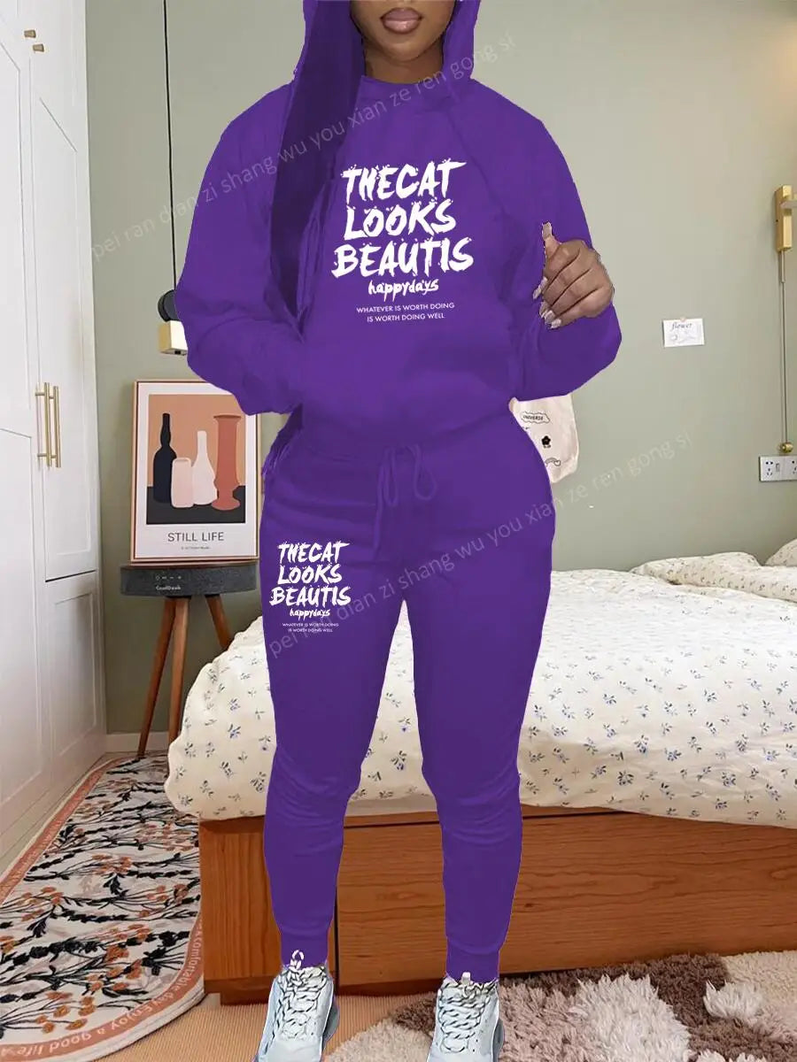 Womens TrackSuit Aesthetic Sweatshirts Sweatpants Two-piece Suit 2025 New Fleece Letter Printing Streetwear Women Hoodie Sets