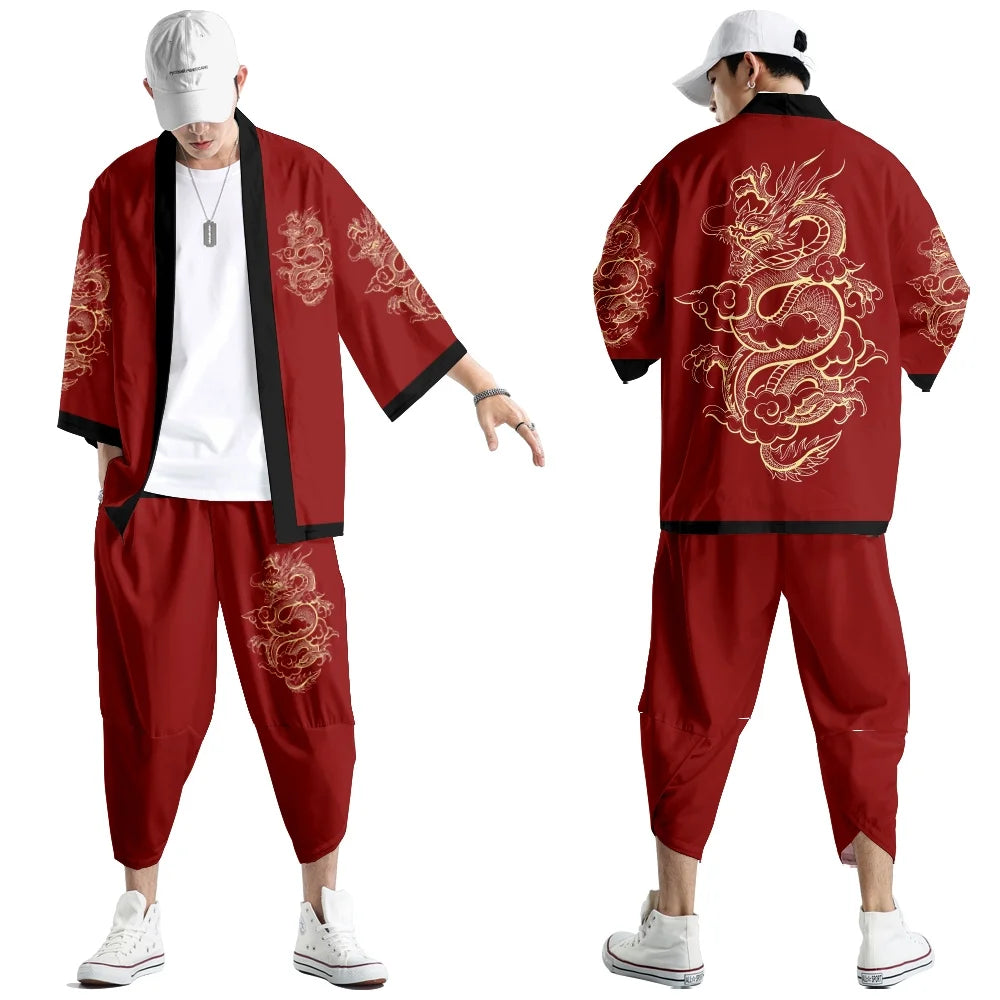 Large Size 5XL 6XL Japanese Kimono Cardigan Pants Set Print Fox Men Women Shirt Tradition Yukata Haori Obi Cosplay Costume