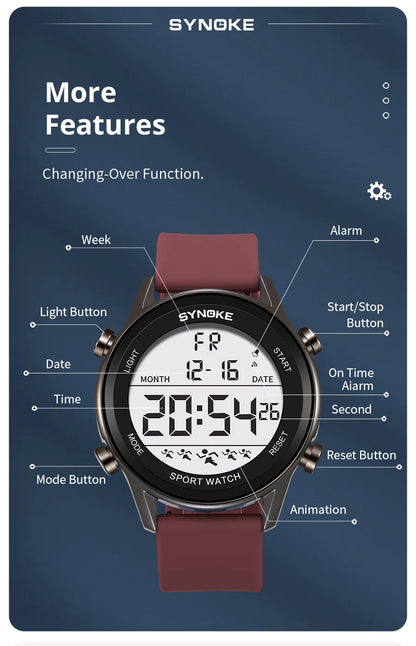 SYNOKE Men Outdoor Sports Multifunctional Waterproof Large Screen Display Luminous LED Digital For Men Fashion Silicon Watch