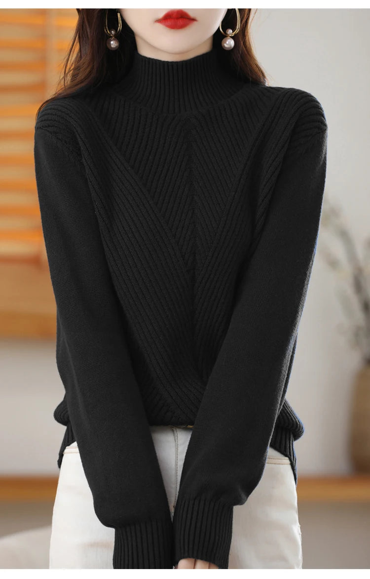 Women 100% Cotton Knit Sweater Half-high Collar Stripe Pullover Autumn Winter Thickened Bottoming Clothing Casual Knitted Tops