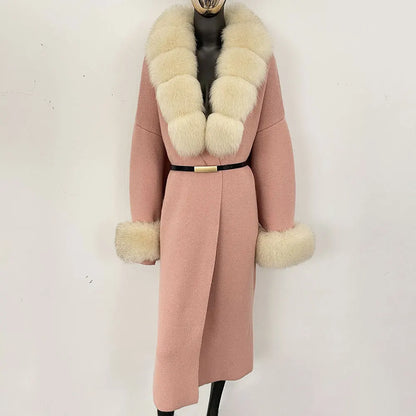 Long Knitwear Coat Women Warm Belt Real Fox Fur Jacket Female 2024 New Autumn Winter Kintted Natural Fur Coat Women
