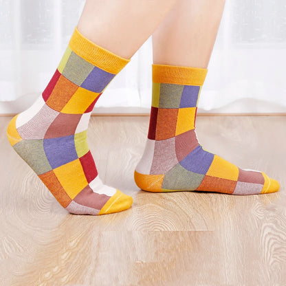 5 Pairs Combed Cotton Men's Socks Outdoor Party Compression Socks Fashion Colorful Square And Stripe Happy Dress Socks Men