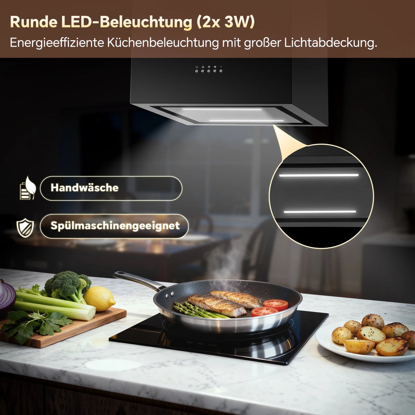 Island Hood 700/800m³/h, A+ Energy, 5-Layer Filter, LED, Ductless, Black, CE, Push Button