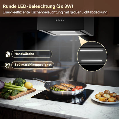 Island Hood 700/800m³/h, A+ Energy, 5-Layer Filter, LED, Ductless, Black, CE, Push Button