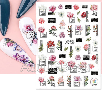 3d Nails Art Decals Spring Fruits Pink Full Tips Peony Magnolia Flowers Adhesive Sliders Stickers Decoration For Nails Manicure