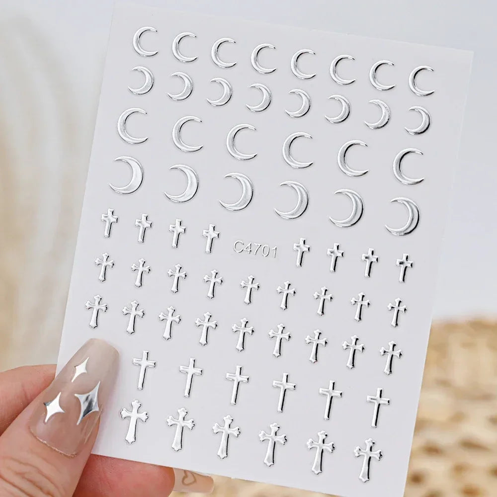 Metal Silver Nail Stickers Metallic 3D Star Nail Art Stickers Decals Self-Adhesive Nail Art Stickers Metal Chain Heart