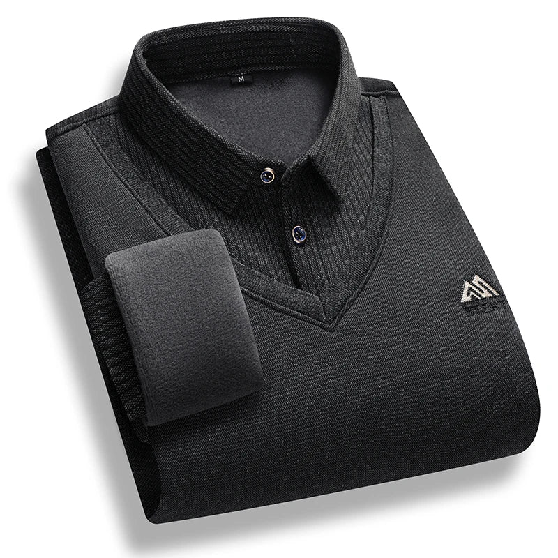 Men's Fleece Lined Sweater Polo Collar Pullover Tops Fashion Business Causal Pullovers Korean Slim Fit Thick Winter Clothes
