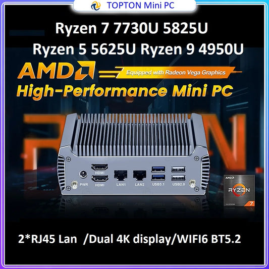 Topton Fanless Gaming Mini PC AMD Ryzen 7 7730U R9 4950U 5625U 4500U Office PC Dual LAN 2*HDMI NVMe DDR4 Firewall Computer WiFi6