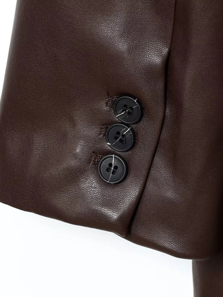 Women's Fashion Faux Leather Blazer Coat Loose Fit Old Money Style Long Sleeve Front Button Chic Outerwear Top
