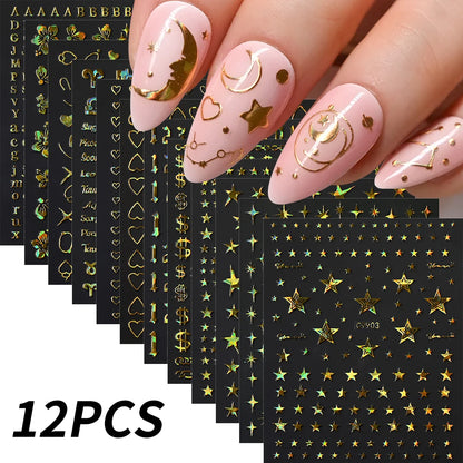 12Pcs 3D Gold Sliver Stars Nail Stickers Bronzing Starlight Nail Art Decals Self Adhesive Slider Decals DIY Nail Tips Decoration