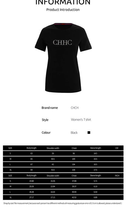 CHCH Summer Women's Elegant T Shirt Casual O-neck Pure Cotton T-Shirt Women Fashion Letter Diamonds Versatile Short Sleeve Tops