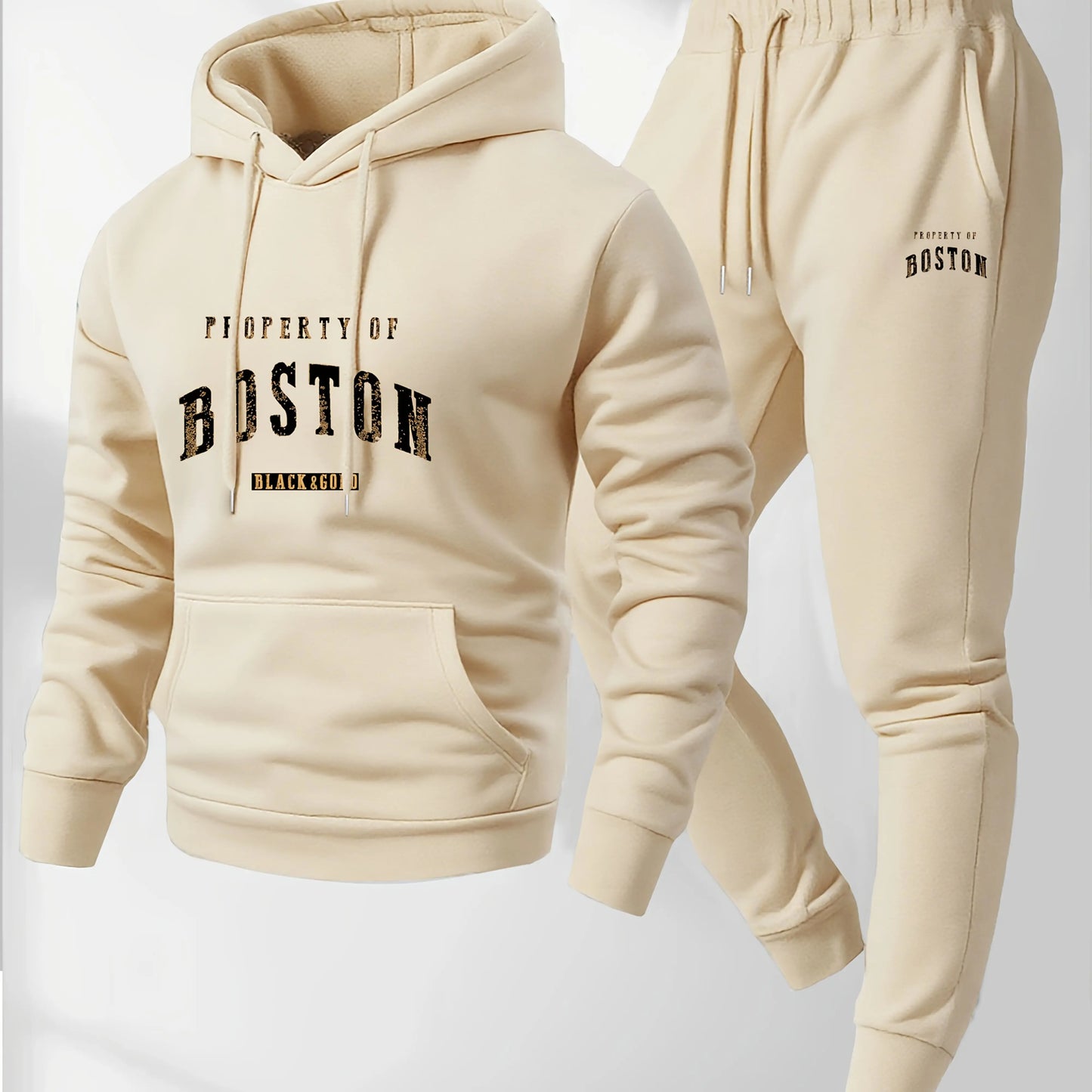 Men's Boston print hooded sweatshirt and sweatpants soft and comfortable thin velvet warm sweatpants set autumn and winter