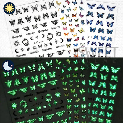 3pcs Luminous Butterfly Nail Decal Stickers Colorful Blue Butterfly Series Design Glow In The Dark Night Polish Sliders Manicure