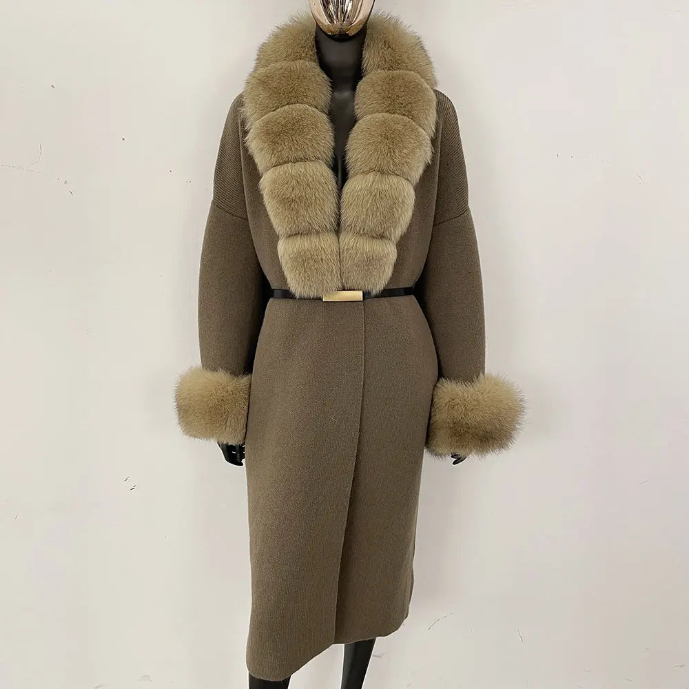 Long Knitwear Coat Women Warm Belt Real Fox Fur Jacket Female 2024 New Autumn Winter Kintted Natural Fur Coat Women