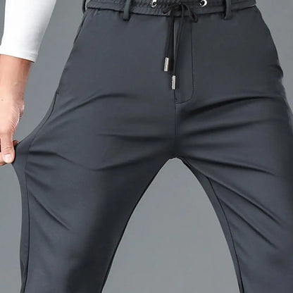 Men Casual Pants Loose Straight Drawstring Elastic Waist Business Pants Solid Color Breathable 2 Side Pockets Sports Trousers